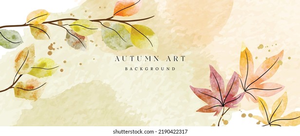 Follaje otoñal en fondo vectorial de acuarela. Resumen de diseño de papel pintado con arce, bifurcación de hojas, arte de línea. Elegante botánico en la temporada de otoño, ilustración adecuada para tela, impresiones, cubierta.