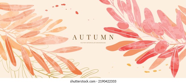 Autumn foliage in watercolor vector background. Abstract wallpaper design with leaf branch, olive tree, line art. Elegant botanical in fall season illustration suitable for fabric, prints, cover.