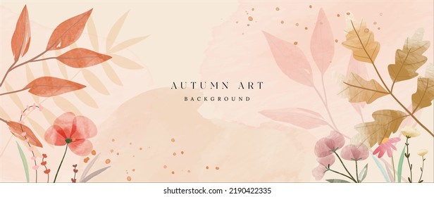 Autumn foliage in watercolor vector background. Abstract wallpaper design with leaf branch, flowers, line art. Elegant botanical in fall season illustration suitable for fabric, prints, cover.