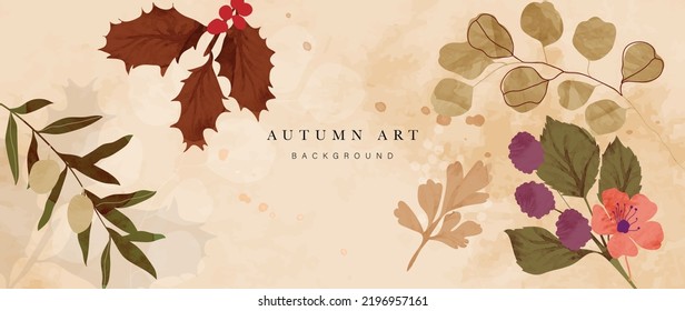 Autumn foliage in watercolor vector background. Leaf wallpaper with olive branch, holly, eucalyptus, flower, berry. Hand drawn botanical in fall season illustration for fabric, prints, cover, banner.