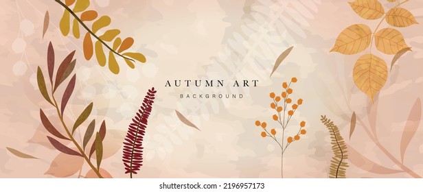 Autumn foliage in watercolor vector background. Abstract wallpaper with leaf branch, line art, fern, berry, flower. Hand drawn botanical in fall season illustration for fabric, prints, cover, banner.