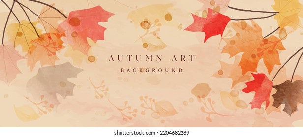 Autumn foliage in watercolor vector background. Abstract wallpaper design with maple leaves, branches, berry, flowers. Botanical in fall season illustration suitable for fabric, prints, cover.