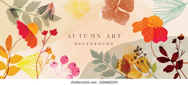 Autumn foliage in watercolor vector background. Abstract wallpaper design with berry, flowers, pine leaves, branches. Elegant botanical in fall season illustration suitable for fabric, prints, cover.