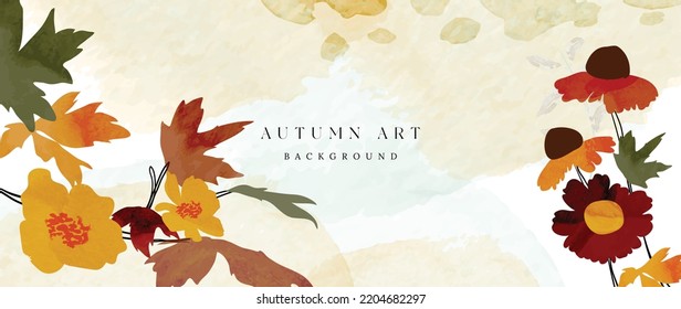 Autumn foliage in watercolor vector background. Abstract wallpaper design with maple leaves, branches, wild flowers, floral. Botanical in fall season illustration suitable for fabric, prints, cover.