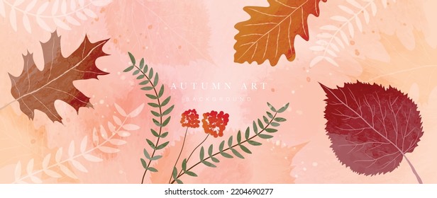 Autumn foliage in watercolor vector background. Abstract wallpaper design with maple, oak leaves, line art, flower, berry. Botanical in fall season illustration suitable for fabric, prints, cover.