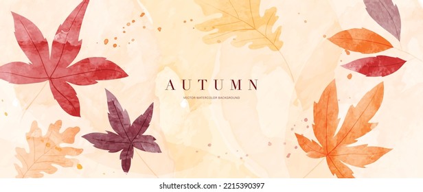 Autumn foliage in watercolor vector background. Abstract wallpaper design with maple, oak leaves, line art, branch. Botanical in fall season illustration suitable for fabric, prints, cover, wall art.