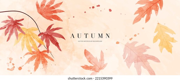 Autumn foliage in watercolor vector background. Abstract wallpaper design with maple leaves, line art, branches. Botanical in fall season illustration suitable for fabric, prints, cover, wall art.