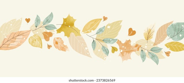 Autumn foliage in watercolor vector background. Abstract wallpaper design with maple leaves, oak leaf, line art. Elegant botanical in fall season illustration suitable for fabric, prints, cover.