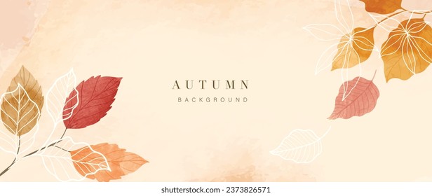 Autumn foliage in watercolor vector background. Abstract wallpaper design with leaves branch, line art. Elegant botanical in fall season illustration suitable for fabric, prints, cover.