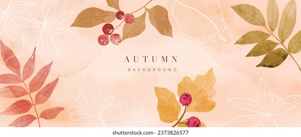 Autumn foliage in watercolor vector background. Abstract wallpaper design with maple and oak leaf, flower, line art. Elegant botanical in fall season illustration suitable for fabric, prints, cover.