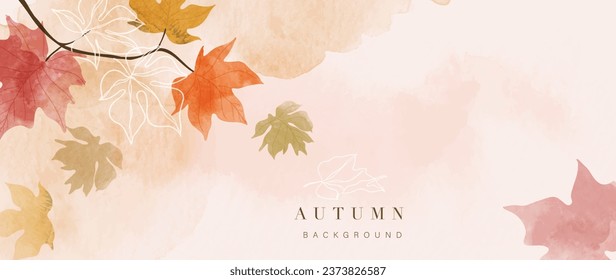 Autumn foliage in watercolor vector background. Abstract wallpaper design with maple leaves, line art. Elegant botanical in fall season illustration suitable for fabric, prints, cover.