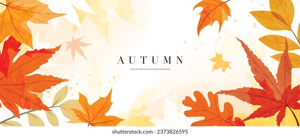 Autumn foliage in watercolor vector background. Abstract wallpaper design with maple leaves, oak leaf, line art. Elegant botanical in fall season illustration suitable for fabric, prints, cover.