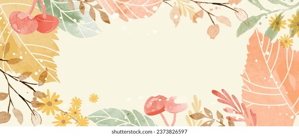 Autumn foliage in watercolor vector background. Abstract wallpaper design with maple, oak, flower, line art, mushroom. Elegant botanical in fall season illustration suitable for fabric, prints, cover.