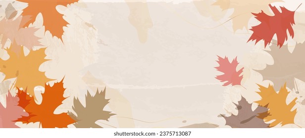 Autumn foliage in watercolor vector background. Abstract wallpaper design with maple leaves, line art, gold line,colorful, flowers. Elegant fall season illustration suitable for fabric, prints, cover	