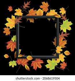 Autumn foliage with white frame on a black background. Eps 10 vector file.