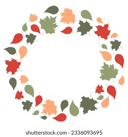 Autumn foliage wreath with space for text isolated on white. Vector flat botany illustration. Autumnal falling leaves in warm colors. Seasonal frame, Design element for postcard, wedding decoration. 