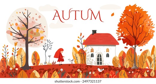 Autumn folk card. Cute white house with a red roof. Girl and birds. Red orange trees, bushes and flowers. Leaf fall. Hand drawn. vector