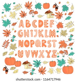 Autumn Folk Color Vector Illustration Set DECOR ALPHABET for Digital Print, Holidays, Wall Decorations, Scrapbooking, Photo Album Design and Digital Paper 