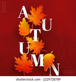 Autumn Font With 3D Autumnal Leaves On Red Abstract Marble Texture Background.