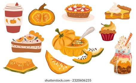 Autumn food. Collection of seasonal flavored pumpkin spice products, food and beverages. Set of delicious sweet autumn desserts or pastries. Vector illustration isolated on white background