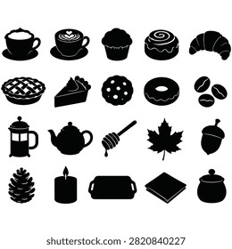 Autumn food and drink with nature elements black silhouette set. Cozy fall season favorites for various designs.