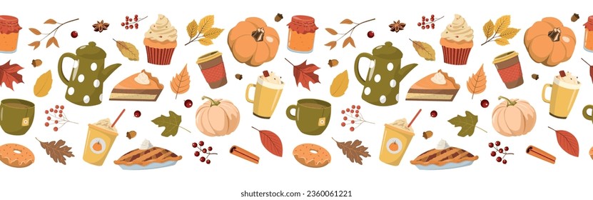 Patrón de la frontera de los alimentos y las bebidas del otoño. Diseño de temporada otoño. Aislado sobre fondo blanco. Calabaza de naranja, taza de café, tarta de calabaza, torta, hojas.