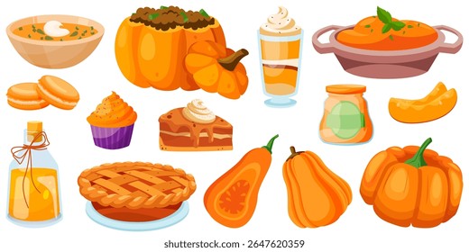 Autumn food and drinks made from pumpkin. Pumpkin soup, pumpkin pie, pumpkin spice vector flat cartoon illustration set. Traditional meal menu design elements, restaurant flyer, or cuisine background