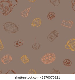 Autumn food, drinks vector seamless pattern. Ornament of cozy beverages, homemade bakery, berry jam, cookies, baked apples and pears. Hand drawn retro style design.