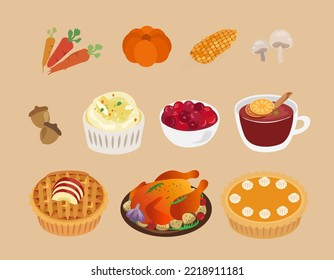 Herbstliche handgezeichnete Illustration. Traditionelle Thanksgiving-Mahlzeit, festliches Dinner-Konzept. Rösttruthühner, Apfelkuchen, Kürbiskuchen, Glühwein, Kartoffelbrei, Plüscheln.