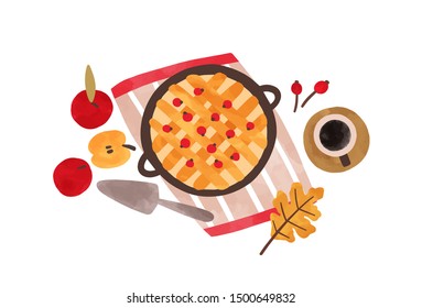 Autumn food hand drawn vector illustration. Traditional thanksgiving meal top view. Homemade baking watercolor painting. Apple pie with cranberries and coffee cup isolated on white background.