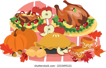Autumn food hand drawn vector illustration. Traditional meal top view. Homemade autumn fall food picnic set. Apple pie, turkey, apples, potato, pumpkins, cranberries and coffee isolated 