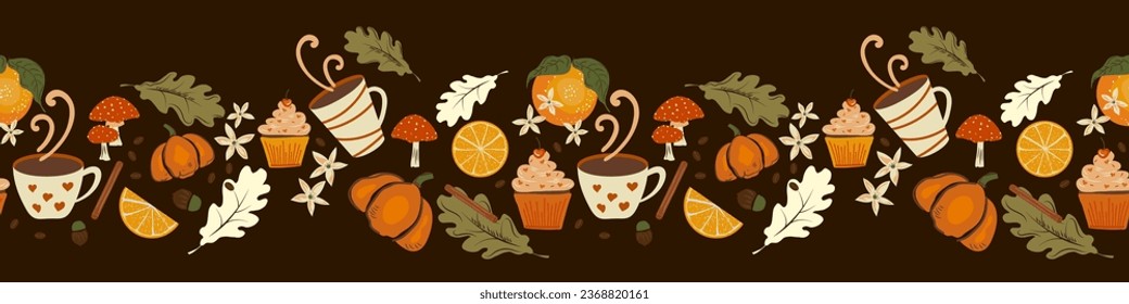 Autumn food seamless pattern with, leaves, acorn, cinnamon, coffee, pumpkin, cupcake and  mushrooms. Autumn harvest festival, halloween or Happy Thanksgiving on dark brown color background design
