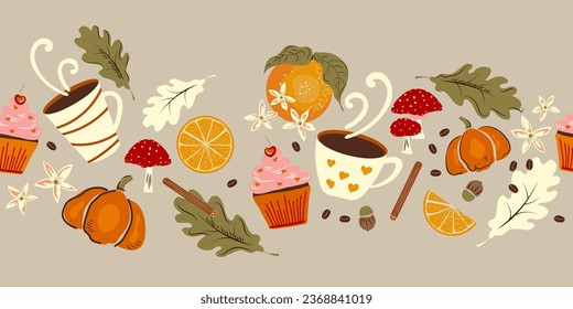 Autumn food seamless pattern with, leaves, acorn, cinnamon, coffee, pumpkin, cupcake and  mushrooms. Autumn harvest festival, Halloween, Happy Thanksgiving natural color background design

