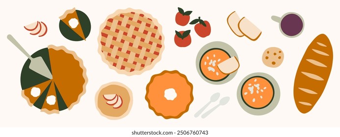 Conjunto de Ilustración vectorial de comida de otoño. Elementos de cocina de otoño. Pastel de calabaza, pastel de manzana, sopa de calabaza