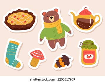 Autumn forest animal cute stickers scrapbook isolated set concept. Graphic design element vector illustration