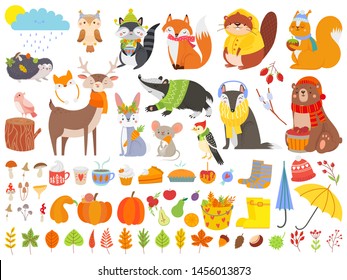 Autumn forest animals. Fall squirrel, funny bear and cute autumnal fox. Fallen leaves, deer bear raccoon animal in autumn clothes, pumpkin mushroom and cups. Cartoon isolated vector icons set