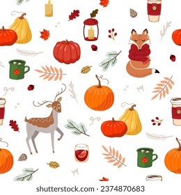Autumn, forest animals, foliage and hot drinks. Bright color editable seamless pattern on a white background. For printing on fabric, packaging, etc.