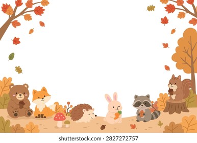 Autumn forest animals frame background vector illustration. Cute fall woodland animals with bear, fox, rabbit, raccoon, and squirrel on white background with copy space for kids card design.