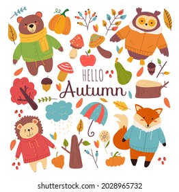 Autumn forest animals hand drawn doodle modern style design element isolated set