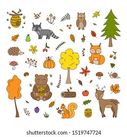 Autumn forest animals and plants vector collection. Hand drawn outlined fall animals, trees, leaves and fruit illustration. Isolated.