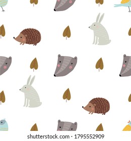 Autumn Forest And Animals Seamless Pattern - Hare, Wolf, Hedgehog, Bird