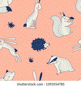 Autumn Forest animals seamless vector pattern. Hedgehog Squirrel Hare Fox Badger woody creatures repeatable background. Woodland childish print in Scandinavian decorative style. Cute forest graphics