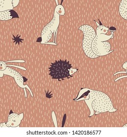 Autumn Forest animals seamless vector pattern. Hedgehog Squirrel Hare Fox Badger woody creatures repeatable background. Woodland childish print in Scandinavian decorative style. Cute forest graphics