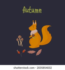Autumn Forest animals Squirrel. A wild animal in the forest among mushrooms and foliage. A poster with Forest design elements. Vector illustration