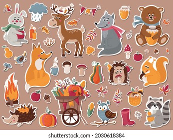 Autumn forest animals stickers Collection. Vector illustration for design of planners, notebooks and more