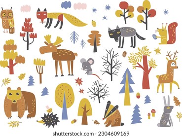 Autumn forest animals and trees shape cutouts style vector clip-art set isolated on white. Bear, hare, fox, owl, moose, wolf, deer, squirrel, badge, hedgehog kid illustration collection. Childish