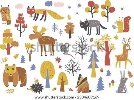 Autumn forest animals and trees shape cutouts style vector clip-art set isolated on white. Bear, hare, fox, owl, moose, wolf, deer, squirrel, badge, hedgehog kid illustration collection. Childish