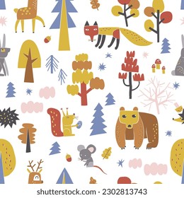 Autumn forest animals vector seamless pattern. Bear, fox, squirrel, hare, deer, mouse, hedgehog creatures. Scandinavian childish wildlife background. Baby animalistic surface design for textile fabric