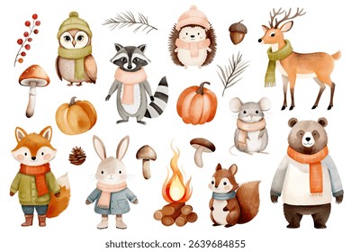 Autumn forest animals in warm clothes. Hand drawn watercolor woodland clipart set