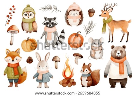Autumn forest animals in warm clothes. Hand drawn watercolor woodland clipart set